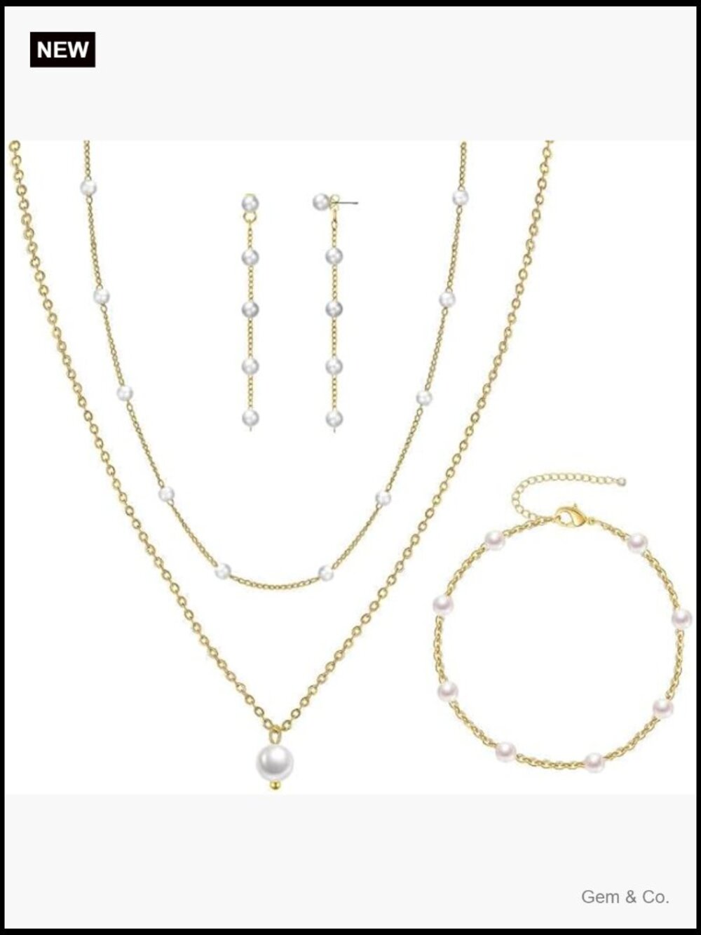Dainty Pearl Choker Necklace and Earring Set with Bracelet, Gold Layered